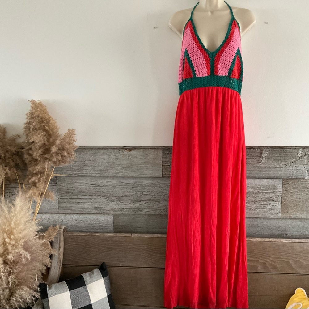 Gianni Bini Red, Pink & Green Crochet Halter Maxi Dress